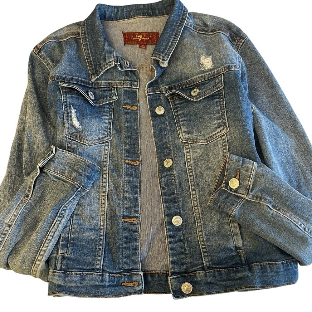 7 For‎ All Mankind Girls XL Distressed Denim Trucker Jean Jacket Flap Pockets